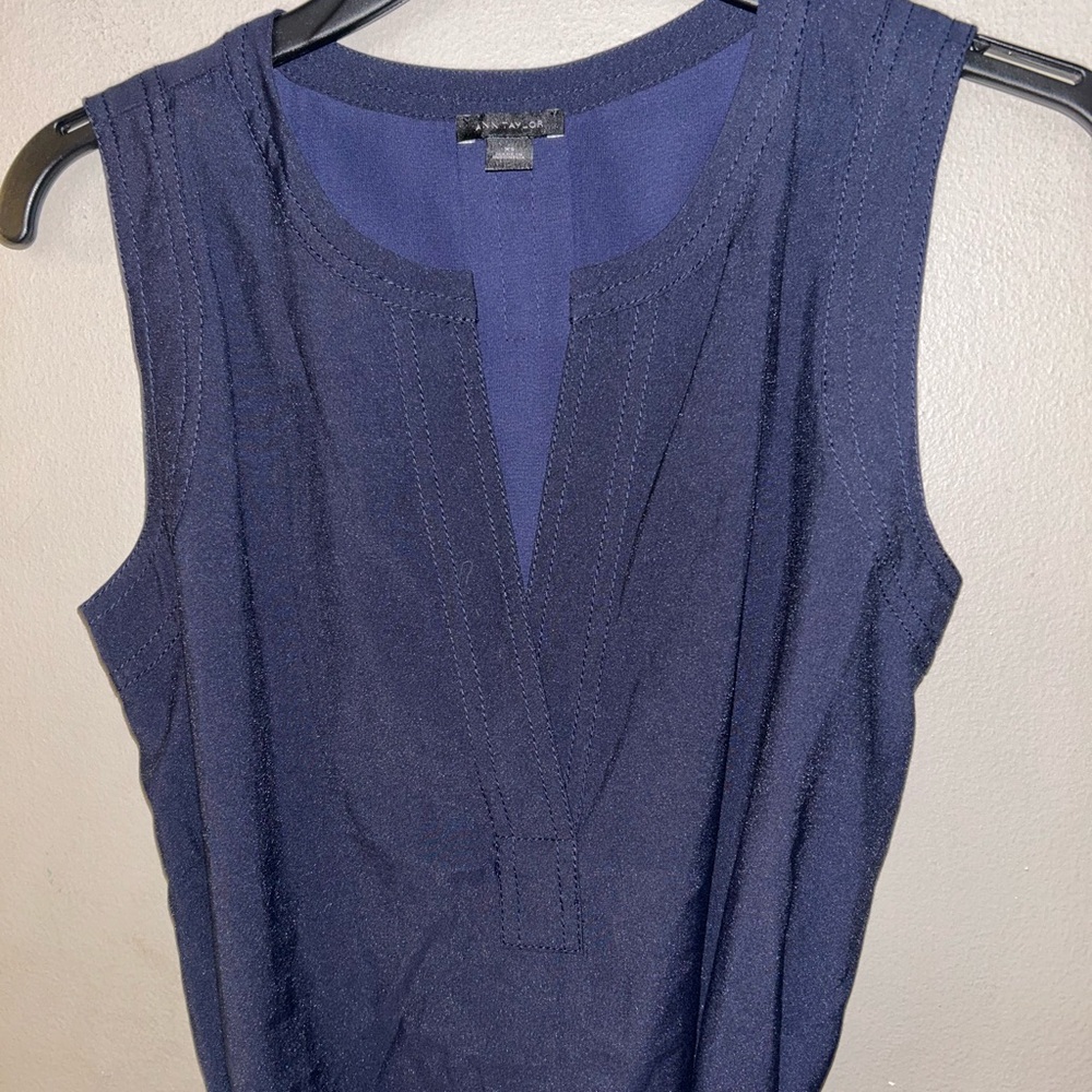 Ann Taylor Dress - navy blue sleeveless belted midi length - Picture 4 of 11